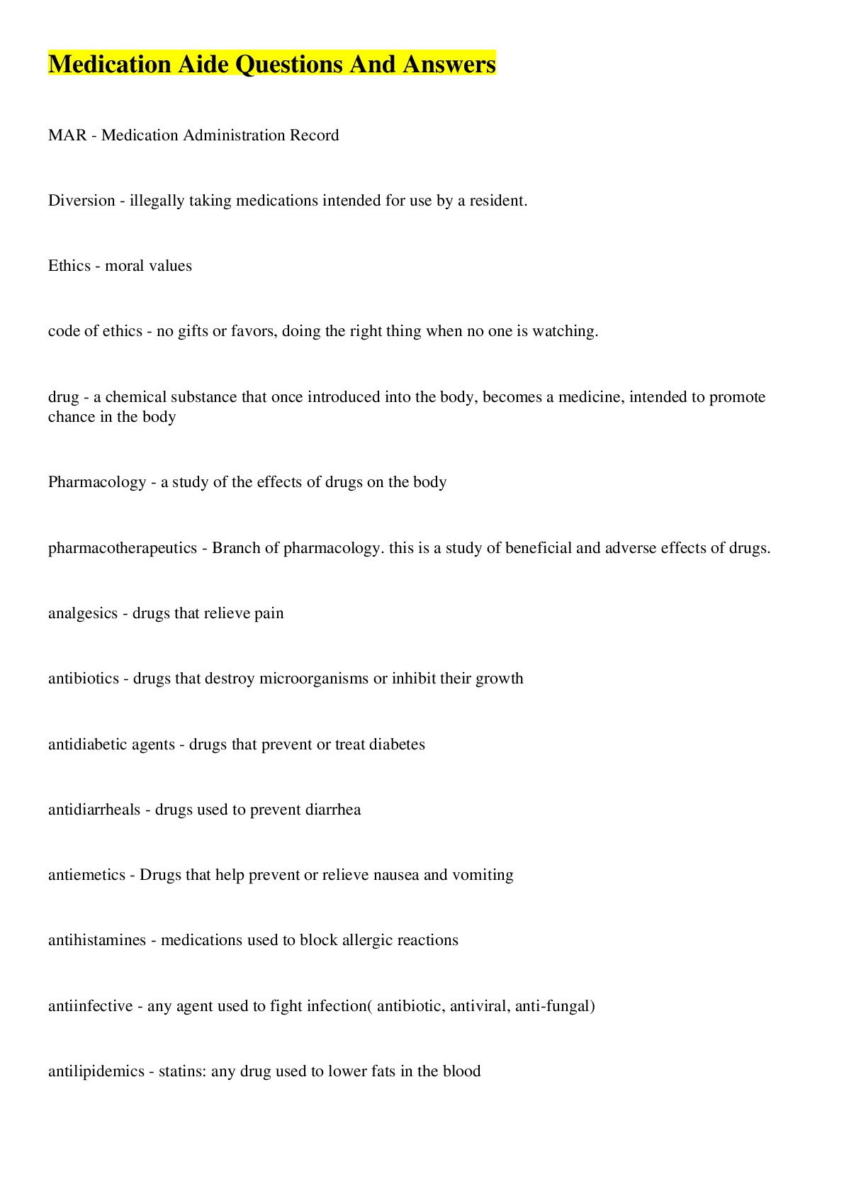 Preview image of Medication Aide Questions And Answers document